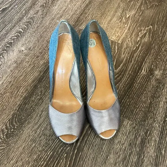 Giuseppe Zandotti Women's Size 9.5 Blue Denim & Silver Koka Peep Toe High Heels - Picture 2 of 14